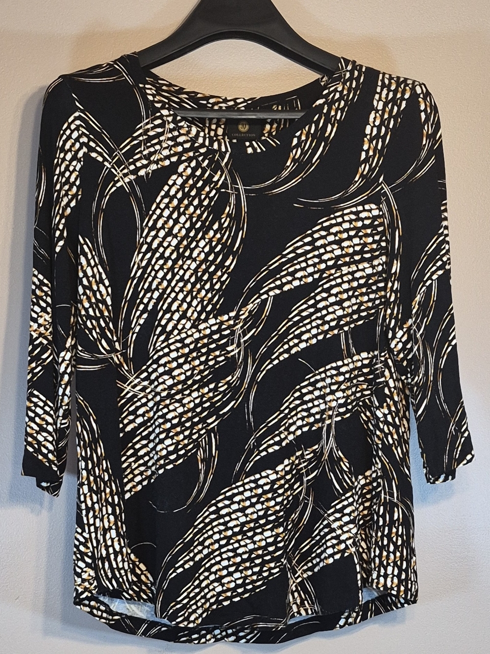 JM Collection Black Long-Sleeve Top with Cream and Gold Abstract Print